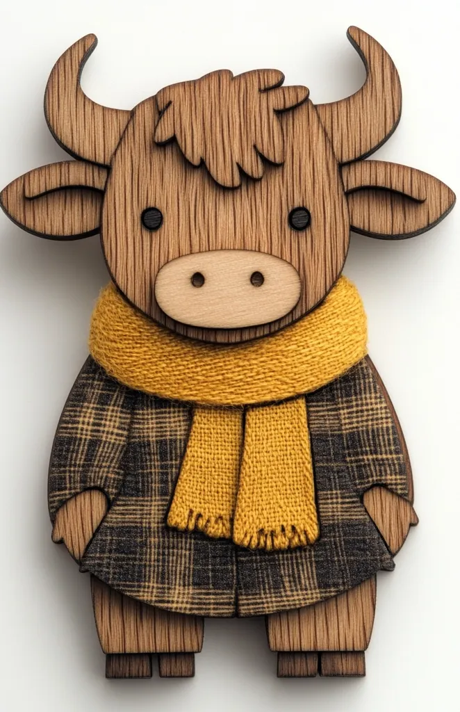 A charming wooden Highland cow figurine, crafted from oak, is depicted wearing a stylish mustard yellow scarf and a plaid coat.  Its design is simplistic yet endearing, with large, expressive eyes and a friendly demeanor. The cow is standing, its legs firmly planted, and the details are meticulously carved, showcasing the warmth of the wood.  It's a delightful piece, perfect for decoration or a gift.