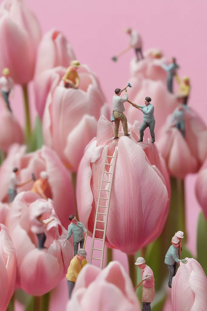 Miniature people work on and around oversized pink tulips.  Two figures use tools atop a large bloom, while others tend to surrounding flowers with rakes and shovels. A ladder leans against the central tulip, adding to the whimsical scene.  The overall effect is a playful contrast of scale and color against a pale pink backdrop.