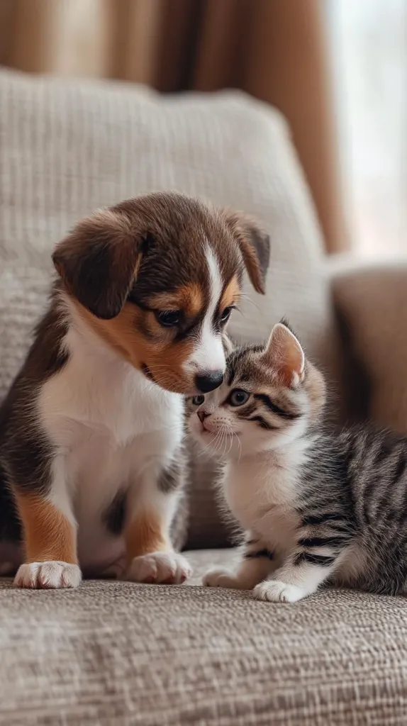 A charming image captures the tender moment between a fluffy brown and white puppy and a grey and white kitten.  The puppy, possibly a corgi mix, leans towards the kitten, their noses almost touching, on a beige fabric couch.  Both animals appear young and are captured in a sweet, endearing pose, suggesting a playful friendship.  The soft lighting and muted background enhance the intimacy of the scene.