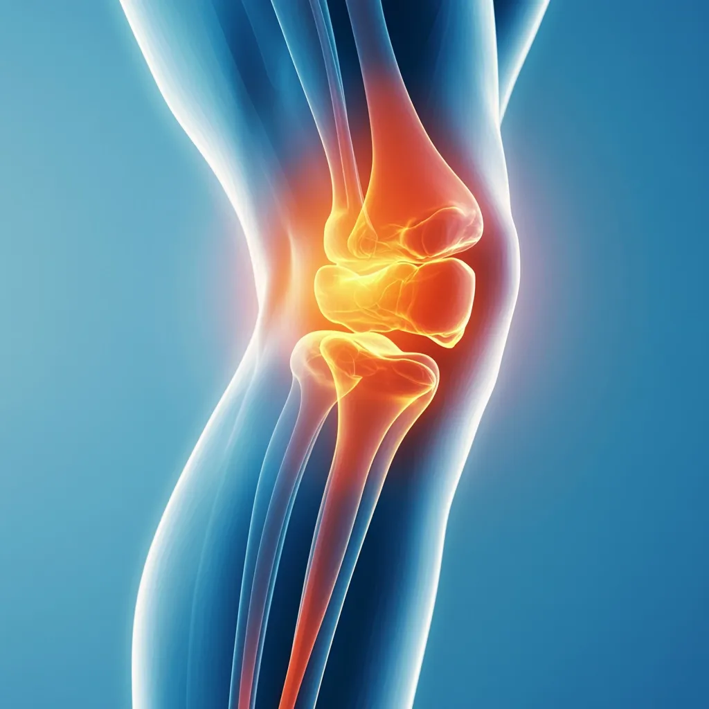 A digital rendering showcases a human knee joint, highlighted with intense orange and red hues to emphasize inflammation or pain.  The translucent blue leg bones provide anatomical context.  The image is likely used for medical education or to illustrate the effects of conditions like arthritis or injury. The focus is on the affected knee area, displaying the joint's internal structures.