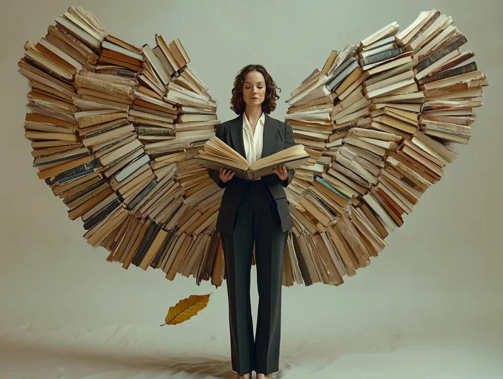 A woman in a dark suit stands with large wings formed from stacked books.  She holds an open book, her gaze directed downward. The image evokes a sense of intellectual flight or the transformative power of reading. A single autumn leaf floats near her feet, adding a touch of melancholy or seasonal transition. The overall aesthetic is artistic and surreal.