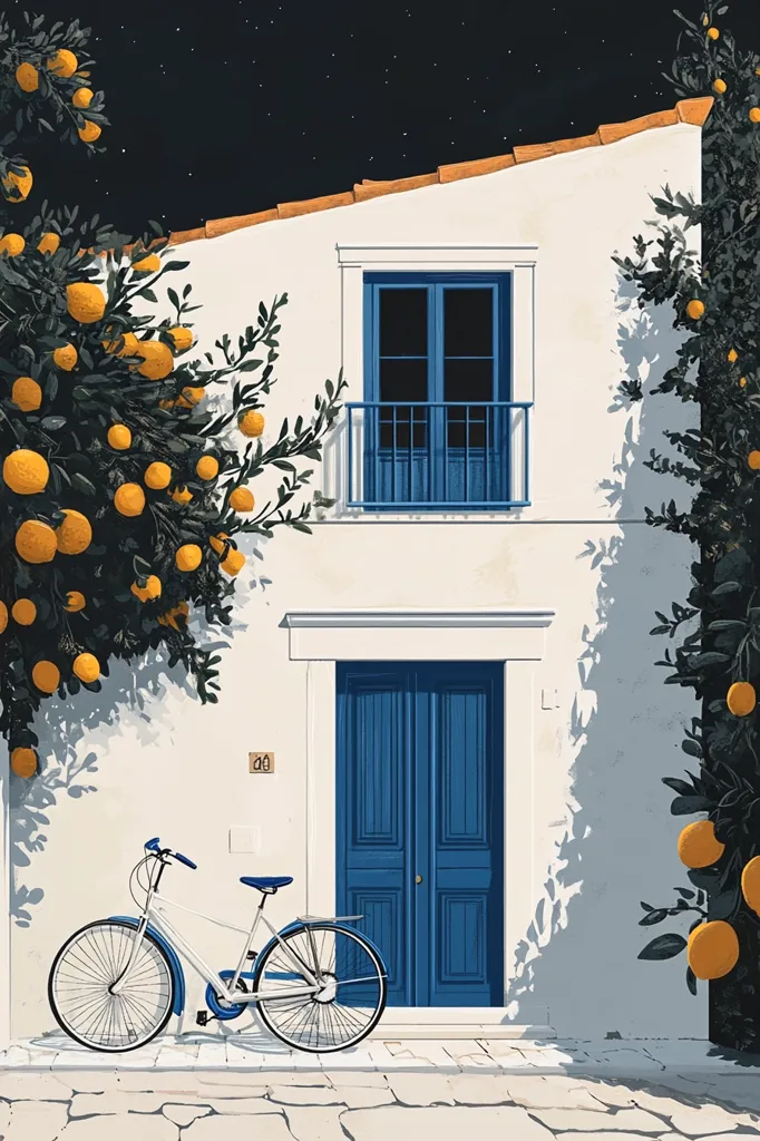 A whitewashed house with bright blue doors and windows is nestled amongst orange trees laden with fruit.  A white bicycle leans against the building, casting a shadow on the sun-drenched stone pavement. The night sky, visible above, is dotted with stars, creating a peaceful and idyllic Mediterranean scene.