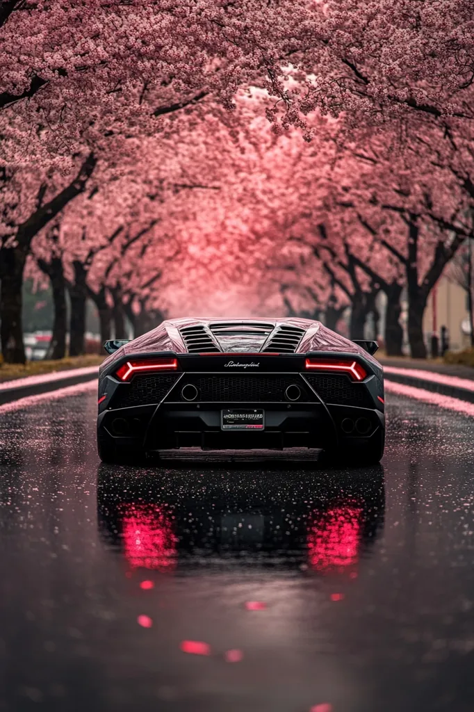A black Lamborghini Huracán sits on a wet road, its taillights glowing red.  The car is positioned under a tunnel of blooming pink cherry blossom trees, creating a stunning contrast between the vibrant flowers and the sleek vehicle.  Pink petals are scattered on the wet asphalt, reflecting the car's lights. The scene is serene yet dramatic, showcasing both the beauty of nature and the elegance of the sports car.