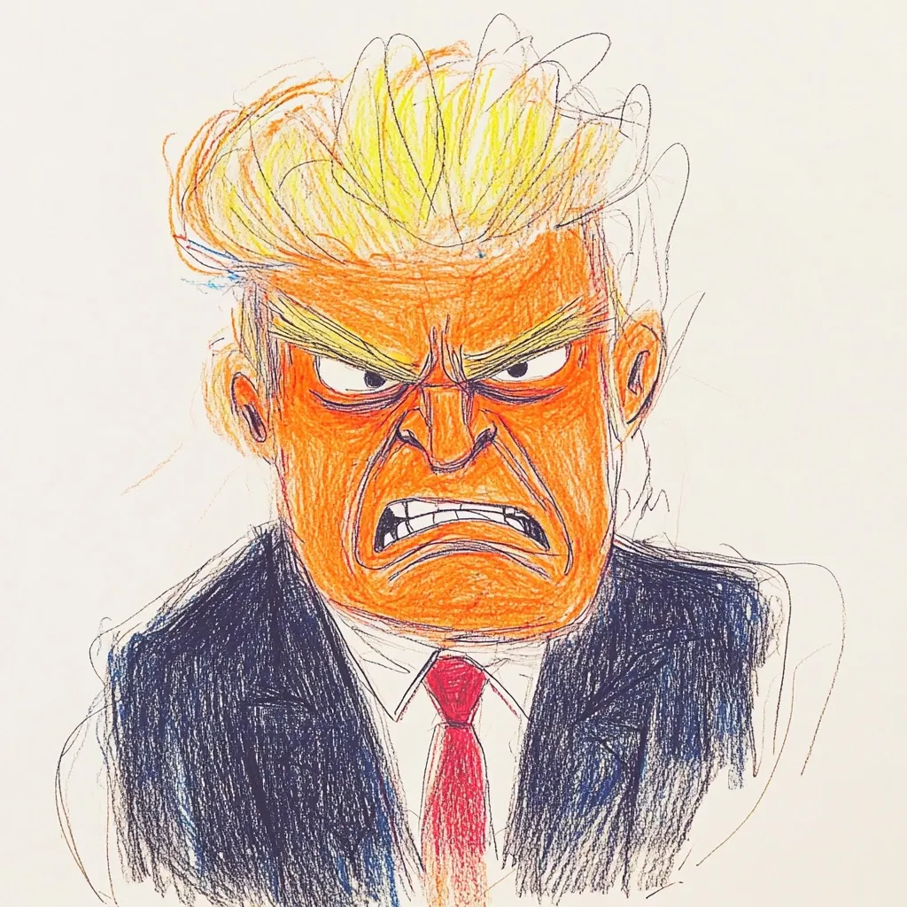 A colored pencil sketch depicts Donald Trump with an angry expression.  His face is orange, features exaggerated, and his blonde hair is messy. He's wearing a dark suit and red tie. The style is expressive and somewhat caricatured, emphasizing his anger. The drawing uses bold lines and vibrant colors.
