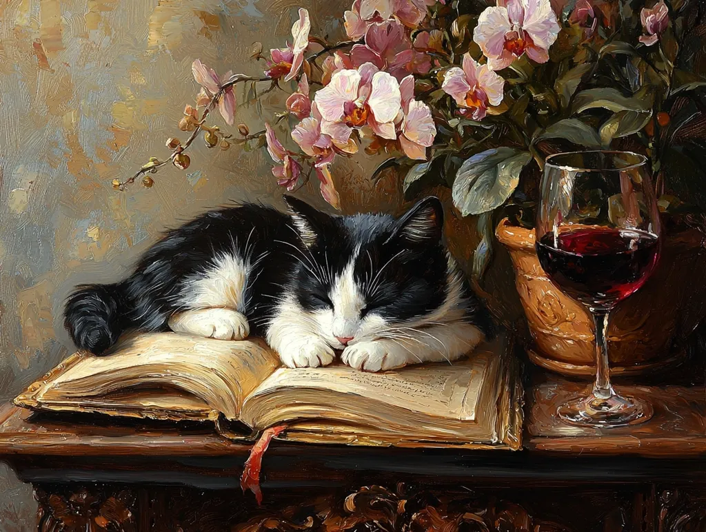 A tuxedo cat peacefully sleeps on an open antique book resting on a dark wooden table.  A glass of red wine and a potted orchid plant with pink blossoms are elegantly arranged nearby, creating a serene and sophisticated still life. The painting's rich colors and textures evoke a sense of quiet comfort and timeless beauty.
