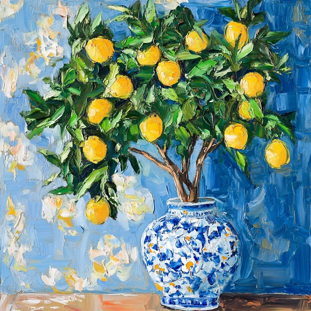 A vibrant oil painting depicts a lemon tree laden with ripe, yellow fruit. The tree is artfully arranged in a beautiful blue and white porcelain vase, set against a textured blue background adorned with white floral accents. The artist's impasto technique creates a richly textured surface, highlighting the luminosity of the lemons and the delicate details of the vase. The overall effect is one of cheerful abundance and artistic skill.