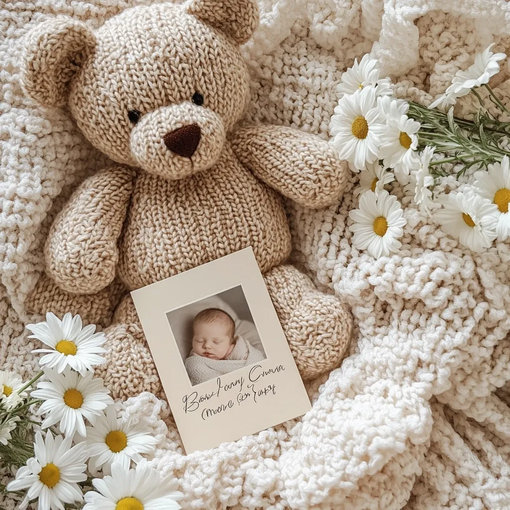 A hand-knitted beige teddy bear rests on a cream-colored chunky knit blanket surrounded by daisies.  A small card featuring a newborn baby's sleeping photo sits nestled against the bear.  The card is inscribed with "Baby [name] Cummin (Mom & Dad)". The overall scene is soft, peaceful, and evokes a sense of new life and gentle comfort.