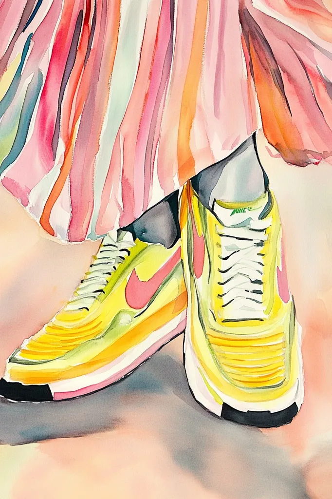 A watercolor painting depicts a pair of bright yellow Nike sneakers partially obscured by a vibrant, pleated skirt in shades of pink, orange, and white. The shoes are detailed with pink and orange accents, and the laces are visible. The style is loose and expressive, emphasizing the interplay of color and texture between the clothing and footwear. The background is a soft, muted peach tone.