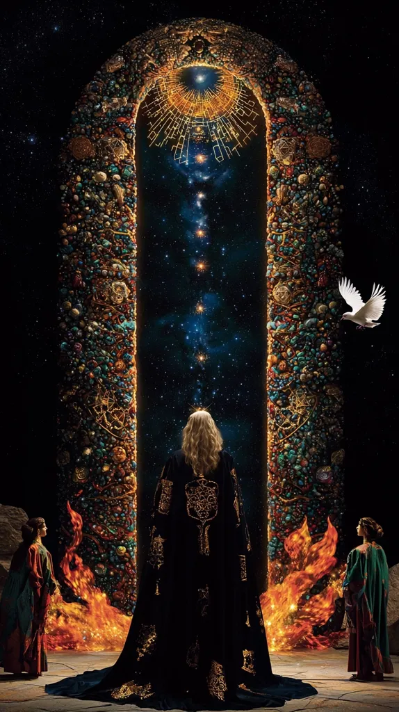 A majestic, arched gateway adorned with vibrant jewels and celestial patterns stands before a woman in a dark, ornate robe.  The gateway reveals a starry expanse, possibly depicting a cosmos or otherworldly realm.  Flanking her are two figures in flowing garments, while a white dove soars above.  The scene is dramatic and mystical, possibly suggestive of a journey or transition.  Flames engulf the base of the archway, adding to its ethereal quality.