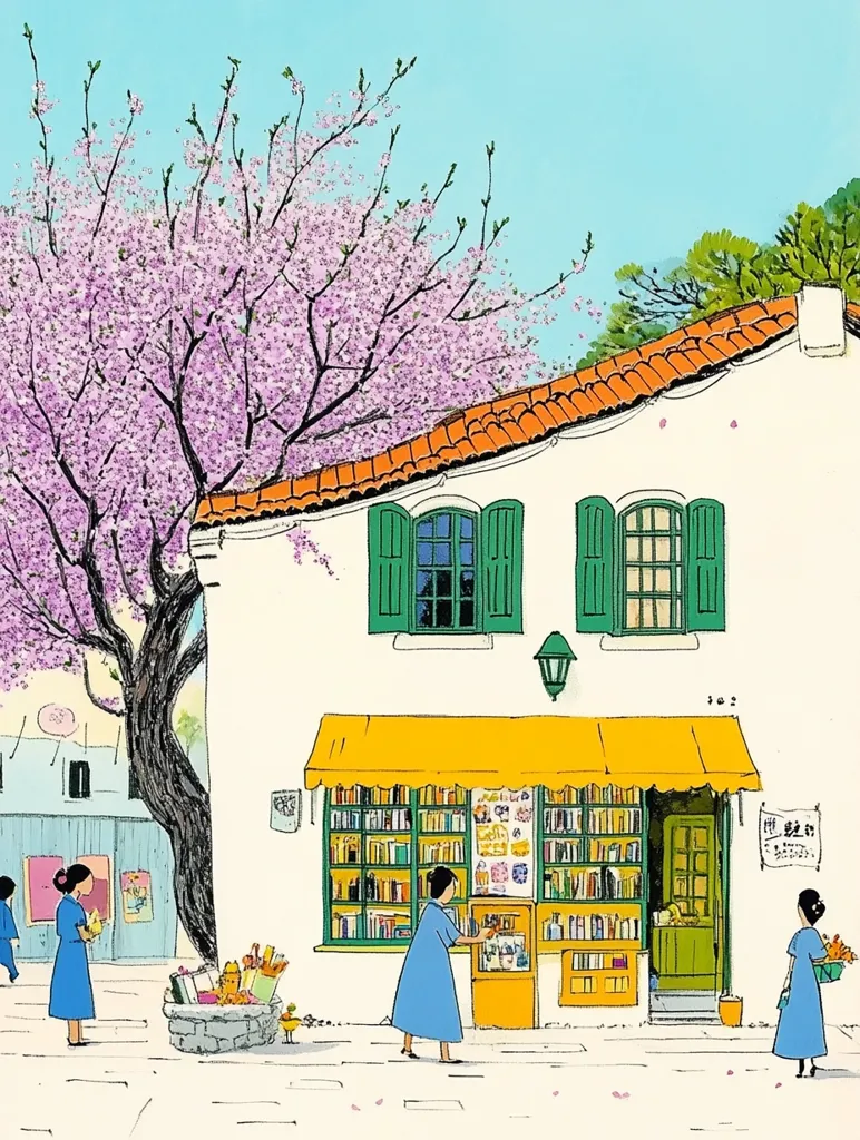A charming illustration depicts a quaint bookstore nestled beneath a blossoming cherry tree.  The white building with green shutters is adorned with a yellow awning. Two women browse the shelves filled with books, while another carries a basket.  The scene exudes a peaceful, idyllic atmosphere, enhanced by a soft color palette and delicate linework.  A few other figures stroll along the street, completing this picturesque village setting.