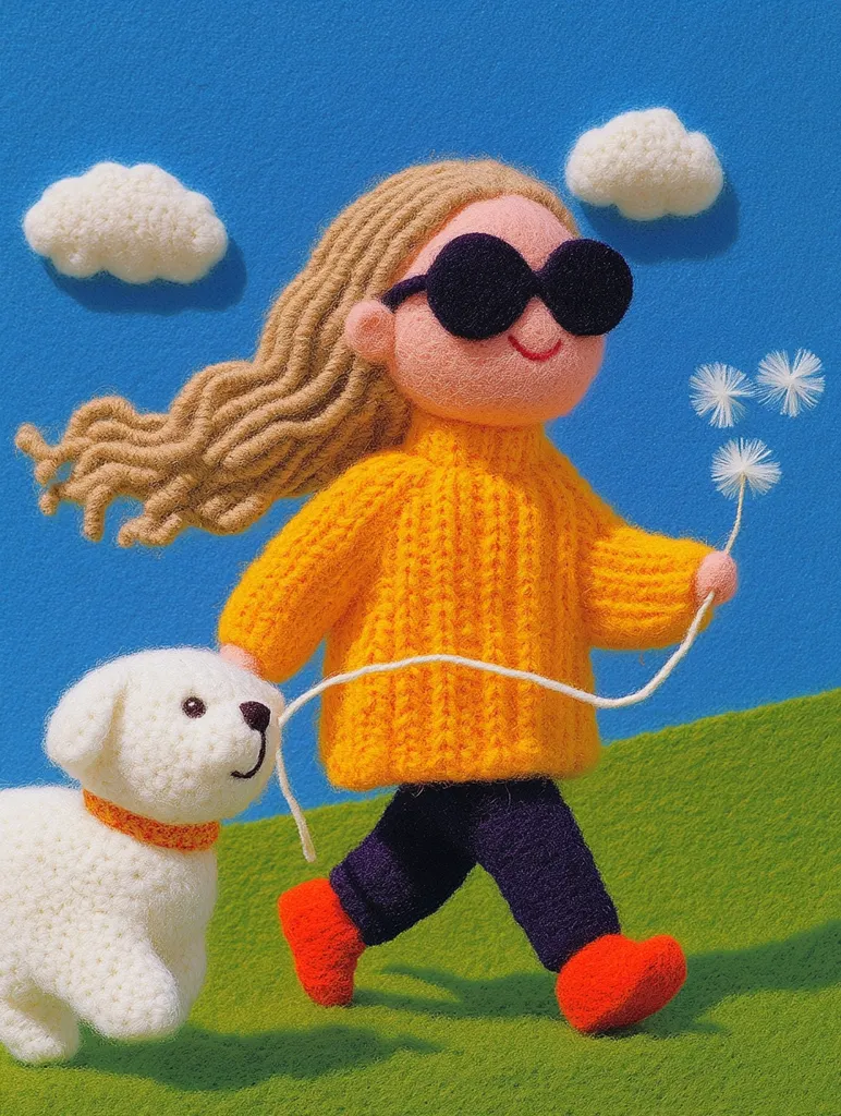 A whimsical felt artwork depicts a girl with long blonde hair, wearing sunglasses and a yellow sweater, walking her fluffy white dog.  She holds a dandelion stem, and fluffy clouds float in a bright blue sky above a green field. The scene is cheerful and playful, rendered in a charming, handcrafted style.