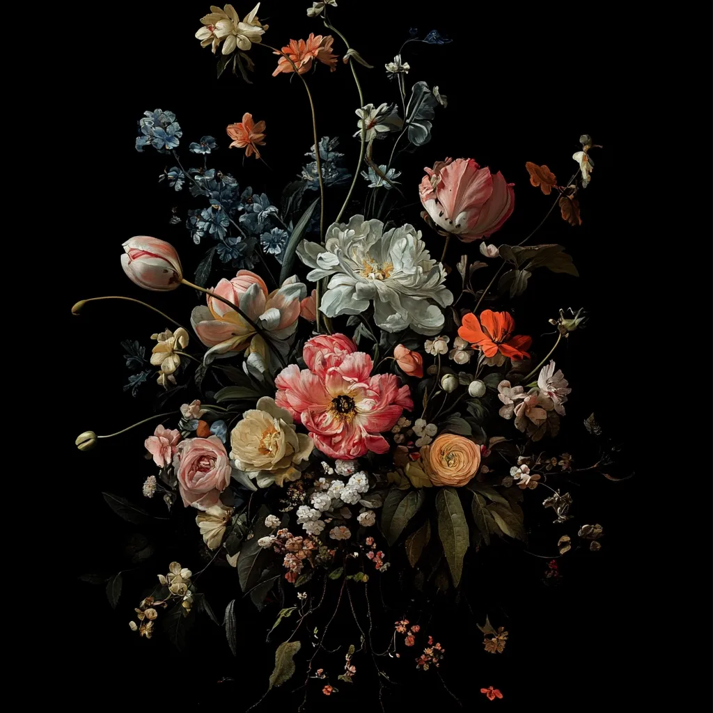A vibrant bouquet of flowers is dramatically displayed against a stark black background.  The arrangement features tulips in varying shades of pink and orange, alongside delicate white peonies, and smaller blossoms in blues, oranges, and pinks.  Dark, rich greens of the leaves and stems provide a contrast to the colorful blooms, creating a lush and opulent still life in the style of a classic Dutch master painting.