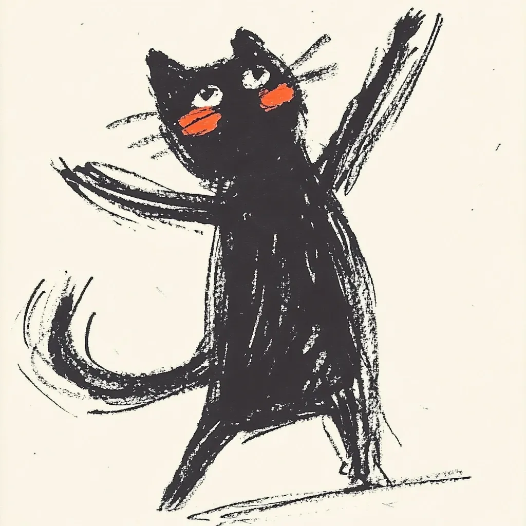 A playful black cat is depicted in a dynamic, expressive style.  Its arms are raised, and its body is rendered with bold, sketchy black strokes against a light background.  Small orange cheek markings add a touch of whimsy to the otherwise dark figure.  The cat's tail swishes behind it, enhancing its sense of movement and energy. The overall impression is one of joyful, childlike abandon.