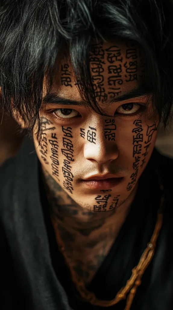 Close-up portrait of a young man with dark hair and extensive face and neck tattoos. The tattoos appear to be stylized text in an unknown script, running vertically down his face.  He has a serious expression, and his dark clothing contrasts with the intricate markings on his skin. The overall mood is intense and mysterious.