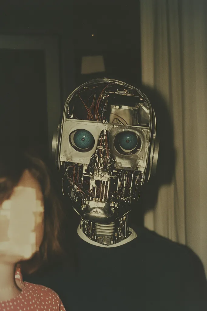 A close-up shot reveals a robot's head, its internal mechanisms and wiring exposed.  The robot possesses large, round, blue eyes.  Behind the robot, a blurred figure of a person with brown hair is partially visible. The overall mood is dark and slightly mysterious, creating a sense of intrigue. The image has a vintage, possibly archival quality.
