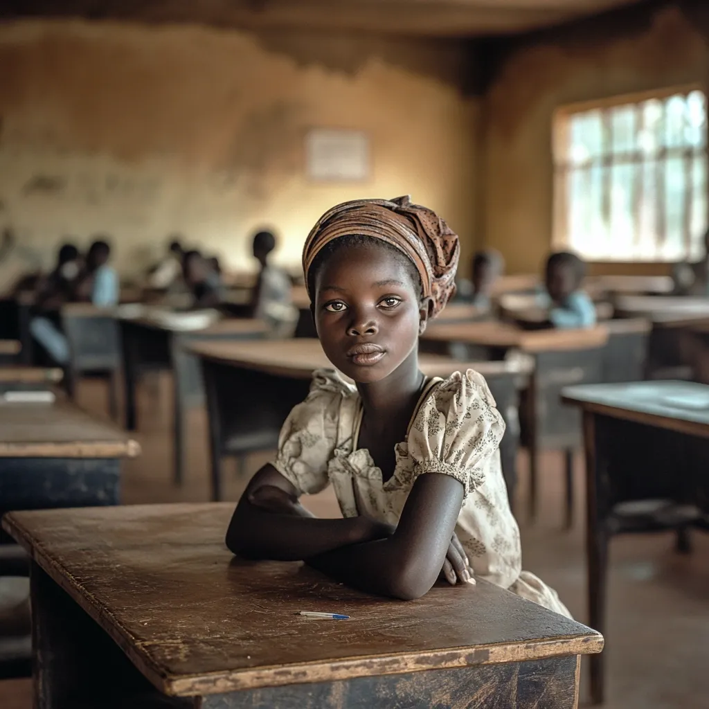 A young African girl, wearing a headwrap and a light-colored dress, sits at a wooden desk in a dimly lit classroom.  Her arms are crossed, and she gazes directly at the camera with a serious expression.  Blurred in the background are other students at desks, suggesting a school setting in a developing country.  The overall atmosphere is somber and contemplative.