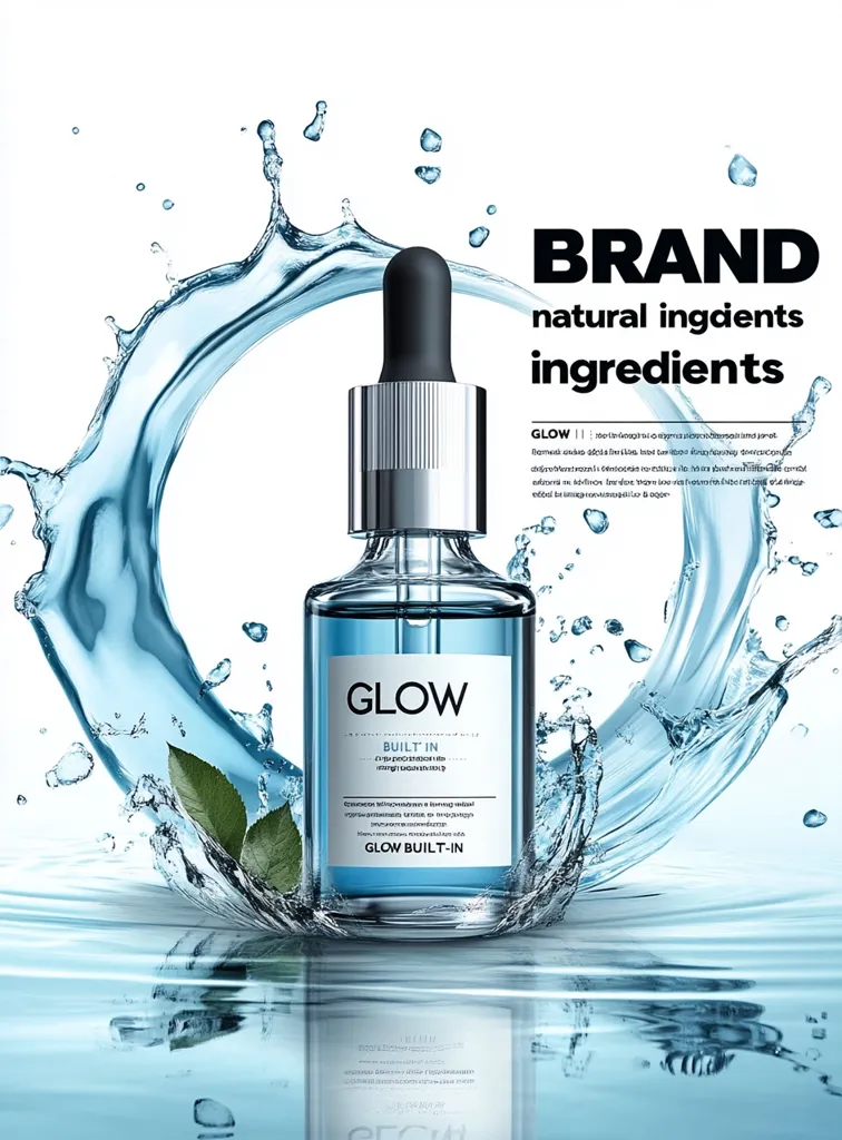 A glass bottle of "Glow" serum with a dropper sits in a splash of clear, blue water.  The bottle's label emphasizes "natural ingredients" and "built-in" features. The brand name is prominently displayed against a backdrop of water droplets, creating a refreshing and clean aesthetic.  The overall image promotes a skincare product with natural components.