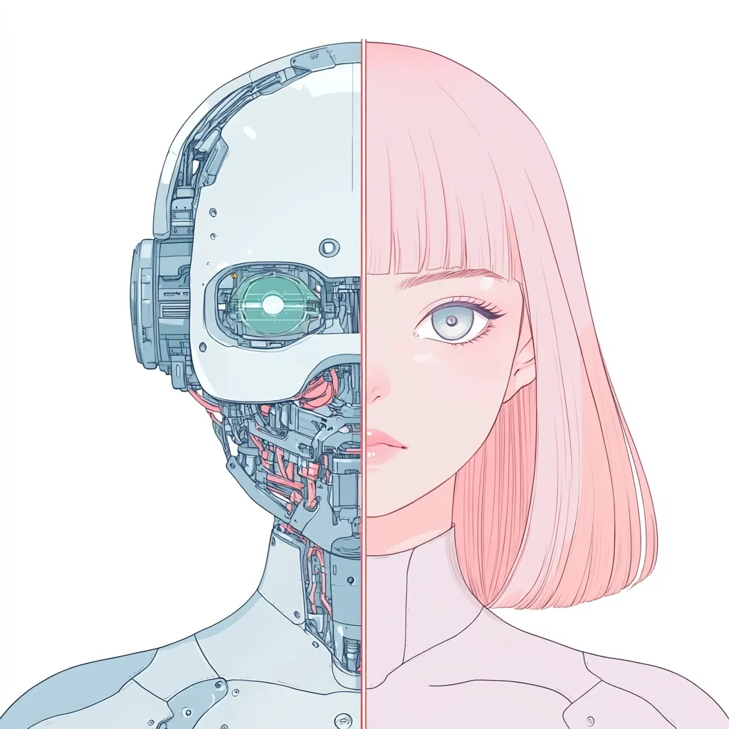 The illustration depicts a stylized female face, bisected vertically. One half reveals intricate robotic mechanics, showcasing gears, wires, and a glowing green eye.  The other half is a soft, anime-inspired portrait with pale pink hair and a serene expression. The contrast highlights themes of technology, humanity, and artificial intelligence.