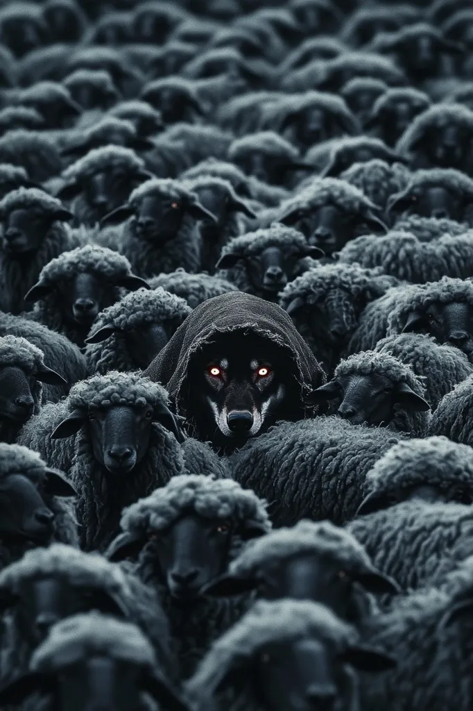 A black wolf, concealed within a dark hooded cloak, is surrounded by a dense flock of black sheep.  The wolf's glowing eyes are visible, creating a stark contrast against the dark wool. The image evokes a sense of hidden danger and deception, where the predator blends seamlessly into the herd.  The overall mood is dark and mysterious.