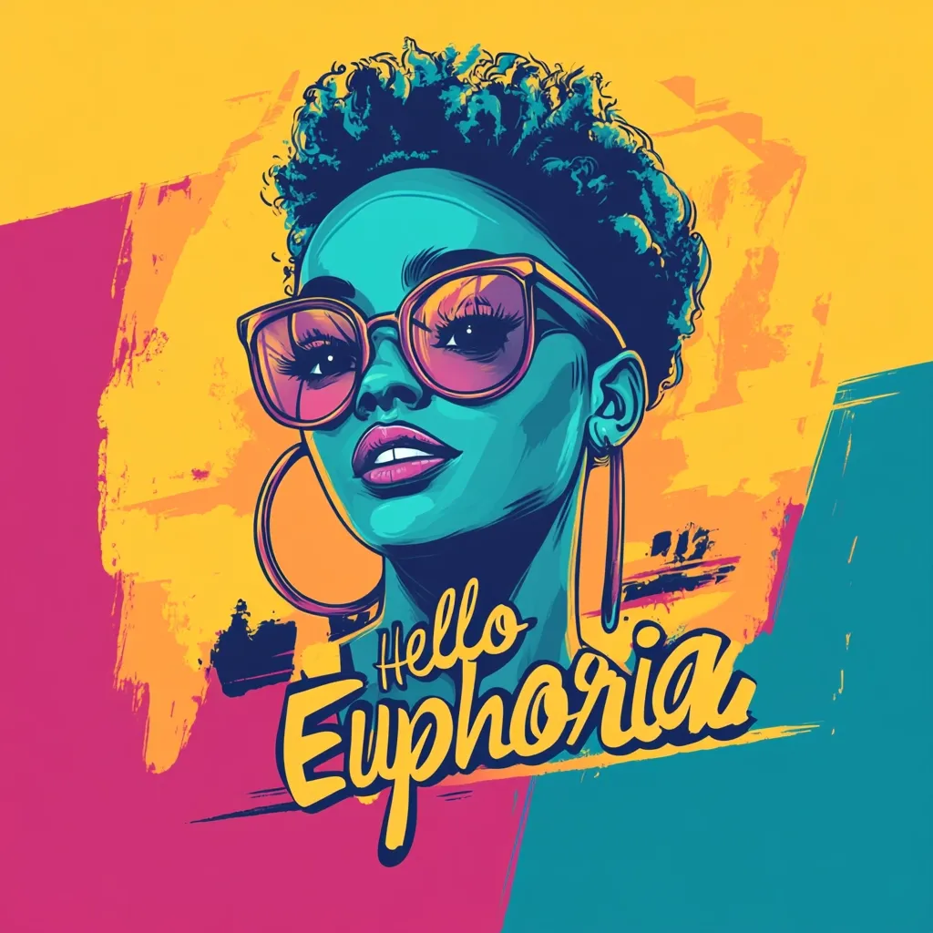 A vibrant, stylized portrait of a young woman with short, curly hair, wearing large pink sunglasses and hoop earrings.  The artwork is bold and colorful, with a teal and yellow color palette dominating the image.  The phrase "Hello Euphoria" is prominently displayed below the woman's face, adding a message of joy and optimism to the design.  The background features abstract brush strokes in various colors.