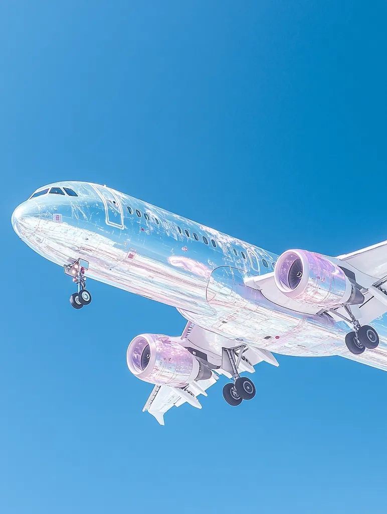 A chrome-colored airplane is captured in flight against a vibrant blue sky. The aircraft's metallic sheen reflects the sunlight, creating a striking contrast against the clear backdrop. The plane's undercarriage is visible, along with its engines, suggesting it's either ascending or descending.  The overall image is sharp, and the colors are saturated, conveying a sense of motion and modernity.