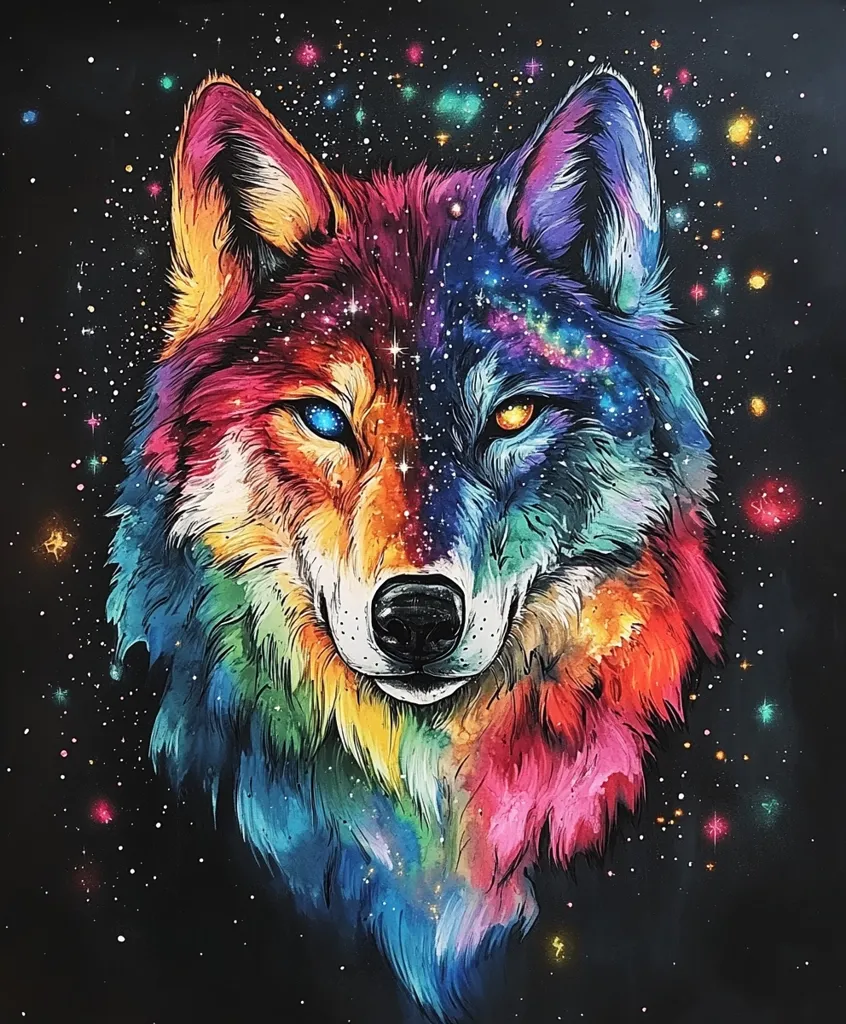 A vibrant, colorful wolf's head is depicted against a dark, starry night sky.  The wolf's fur is rendered in a kaleidoscope of rainbow hues, mimicking the appearance of a nebula or galaxy.  Its eyes glow with cosmic light, adding to the mystical and surreal atmosphere of the artwork. The painting is detailed, with visible fur texture and a captivating blend of colors.