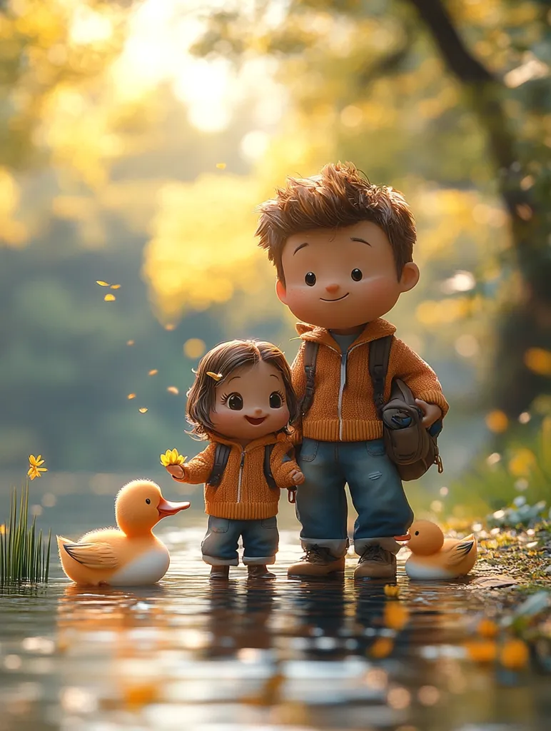 A charming digital illustration depicts a brother and sister, adorable chibi-style figures, standing by a tranquil stream.  They wear matching orange jackets and blue jeans, backpacks slung over their shoulders. Two small yellow duck figurines float in the water beside them, adding to the serene autumnal scene.  Golden sunlight filters through the blurred background of trees and leaves.