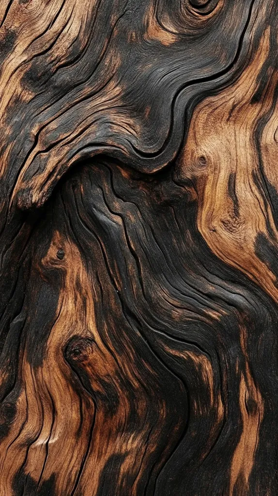 A close-up reveals the intricate grain of dark, charred wood.  Rich brown and deep black hues swirl in captivating patterns, showcasing the wood's age and texture.  The surface is textured with deep grooves and knots, highlighting the natural beauty of the aged timber.  The contrast between the dark and light tones creates a visually striking image.