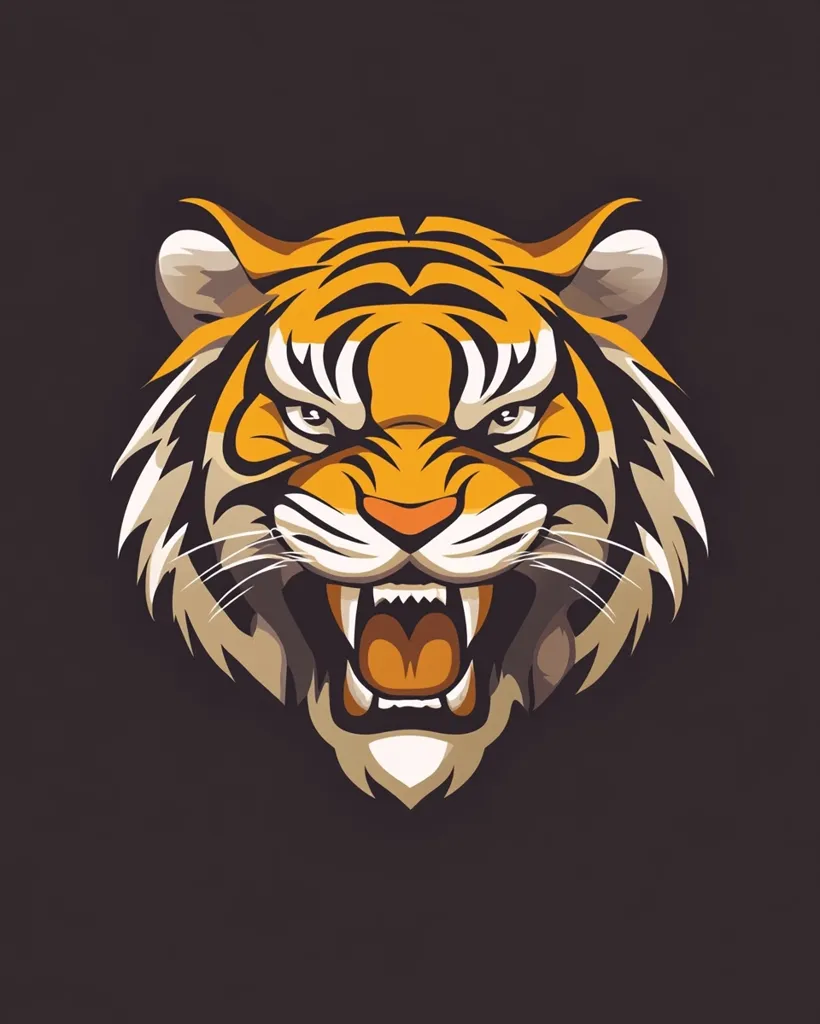 A stylized tiger's head, rendered in a vector art style, dominates the image.  The tiger's mouth is open in a snarl, revealing sharp teeth. Its fur is depicted in shades of orange and brown, against a dark background, creating a striking contrast. The overall design is bold and powerful, conveying strength and ferocity.