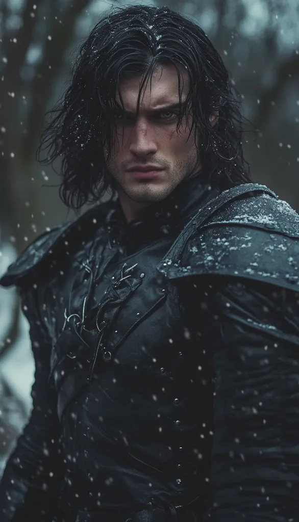 A man with long, dark hair and intense eyes stares intensely at the camera. He is dressed in dark, medieval-style clothing, including a leather vest with decorative accents.  Snow falls gently around him, creating a dramatic and atmospheric scene. His expression is serious, almost brooding. The overall image is dark and moody, with a strong focus on the man's powerful gaze.