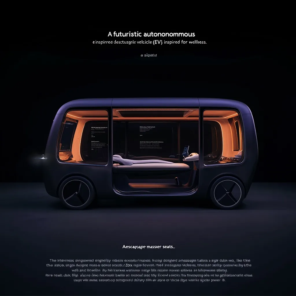 The image showcases a futuristic autonomous electric vehicle (EV) designed for wellness.  The vehicle is sleek and dark-colored, with an interior featuring comfortable massage seats and ambient lighting.  It's described as a self-driving vehicle prioritizing passenger well-being, offering a relaxing and luxurious travel experience.