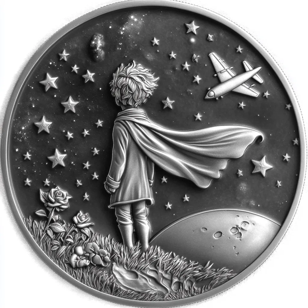 A grayscale, circular coin depicts The Little Prince, standing on a small planet, gazing at a starry night sky.  His cape billows behind him. A plane is visible in the distance, and a rose bush with two roses is in the foreground. The scene is detailed, with textured grass, craters on the planet, and varying sizes of stars. The overall impression is one of wistful longing and adventure.