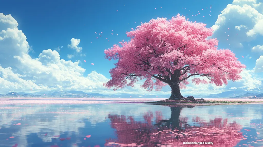 A breathtaking digital artwork depicts a vibrant pink cherry blossom tree in full bloom, standing serenely on a small island in a calm, reflective lake.  Pink petals gently drift on the water's surface, mirroring the tree's beauty.  A picturesque mountain range and a clear blue sky with fluffy white clouds complete the idyllic scene. The overall aesthetic is peaceful and serene, evoking a sense of tranquility.
