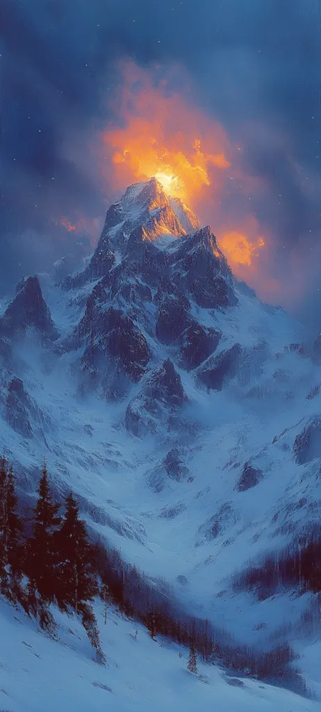 A majestic snow-capped mountain peak is dramatically lit by a fiery sunset.  The vibrant orange and yellow hues contrast sharply with the deep blues of the twilight sky and the cool white of the snow.  Dark evergreen trees cling to the lower slopes, providing a stark contrast to the vast, icy landscape. The scene evokes a sense of awe and solitude in the face of nature's grandeur.