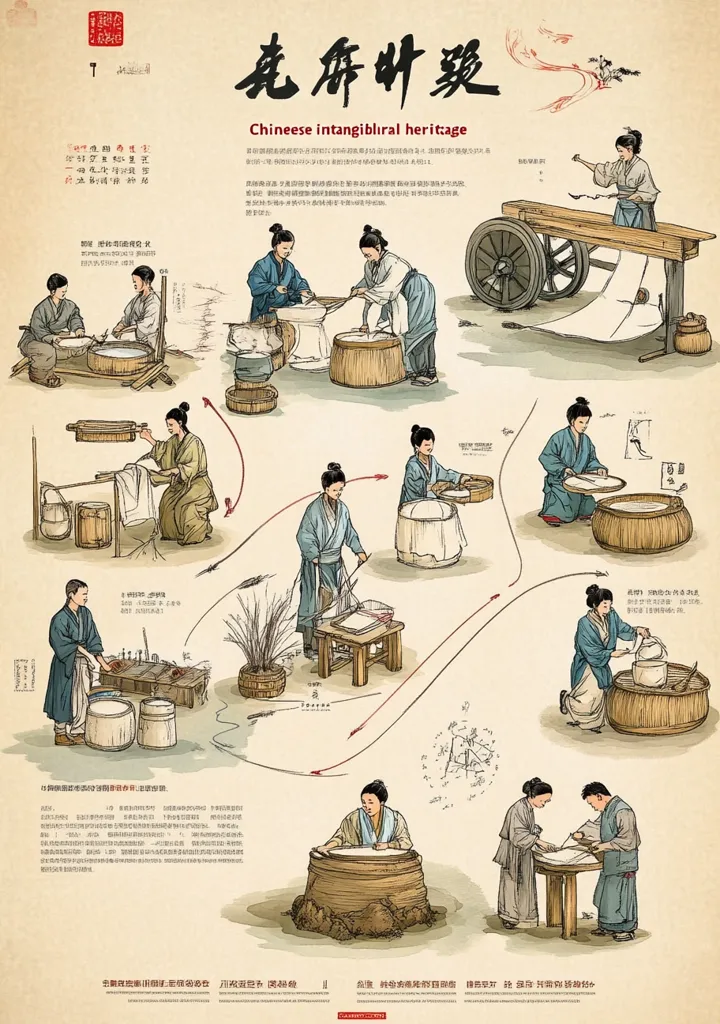This illustration depicts the traditional Chinese process of papermaking, a recognized intangible cultural heritage.  The images show various stages: preparing the pulp from plant fibers, forming the paper sheets, pressing and drying them, and finally, cutting and finishing.  The detailed artwork showcases the historical methods and tools used in this ancient craft.  The accompanying text (in Chinese and English) further explains the process and its significance.
