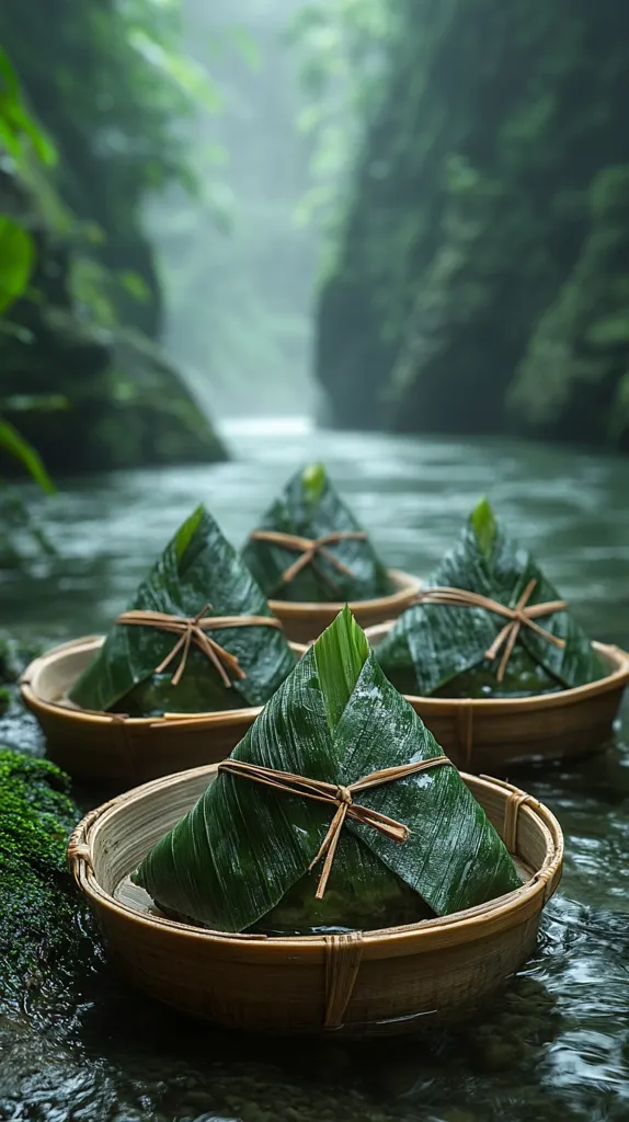 Four zongzi, traditional Chinese rice dumplings wrapped in bamboo leaves, float in small bamboo baskets on a tranquil stream.  The lush green foliage of the surrounding forest creates a serene and misty atmosphere. The scene evokes a sense of peace and the natural preparation of this festive food.