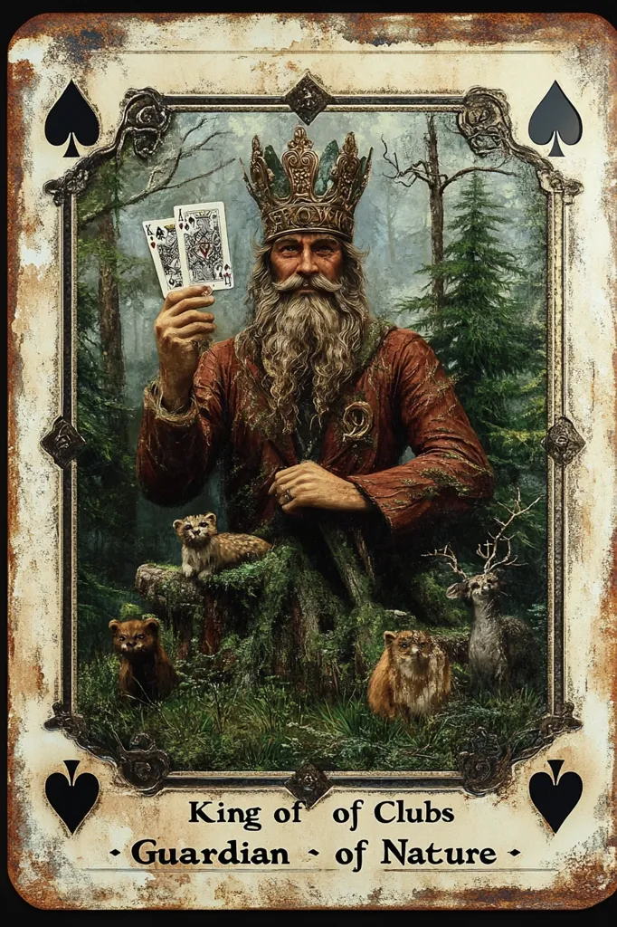 A playing card depicting the King of Clubs, styled as a regal, long-bearded man wearing a crown and robe. He holds two cards and sits amidst a forest scene with various animals, including weasels and a deer. The card's title reads, "King of Clubs · Guardian of Nature," presented in a distressed, antique style.  The overall aesthetic is dark, mystical, and evocative of nature's power.