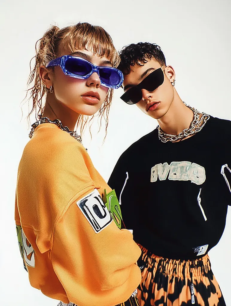 A stylish young woman with blue rectangular sunglasses and an orange sweatshirt stands beside a young man in a black shirt and orange and black patterned shorts.  Both wear silver chain necklaces. The woman's sweatshirt has graphic patches on the sleeve. The man's shirt features a stylized logo. The image showcases a trendy, youthful aesthetic.