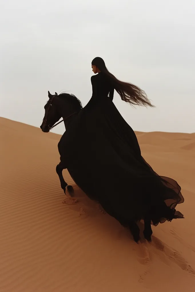A woman in a long, flowing black dress rides a black horse across a vast, orange sand dune.  The setting sun casts long shadows, emphasizing the silhouettes of the rider and her mount.  Her long dark hair streams behind her as they traverse the desert landscape.  The image evokes a sense of mystery and freedom.