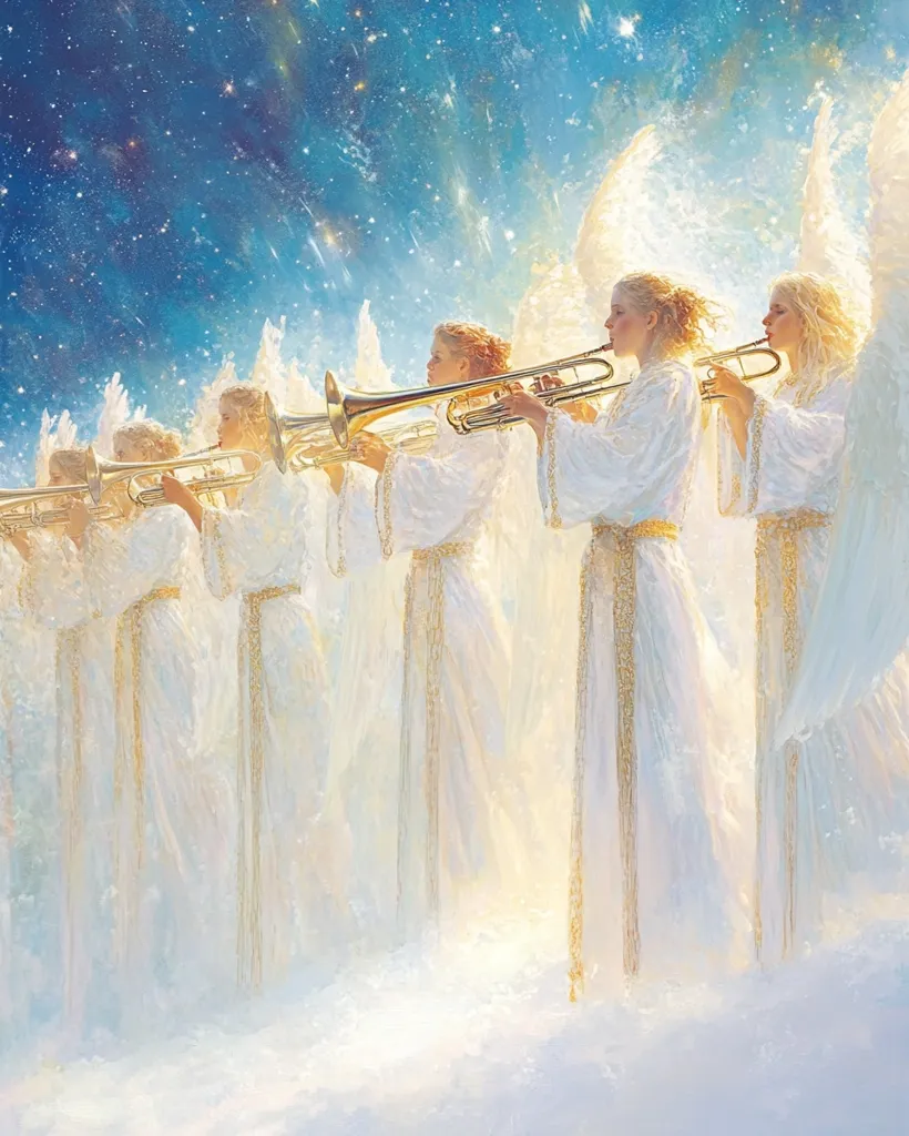 A celestial choir of angels, adorned in flowing white robes and magnificent wings, plays trumpets against a backdrop of a star-dusted sky.  Their golden instruments shine brightly as they create a heavenly melody.  The soft light and ethereal atmosphere evoke a sense of peace and wonder.  The scene is painted with delicate brushstrokes, capturing the light and movement of the angelic figures.