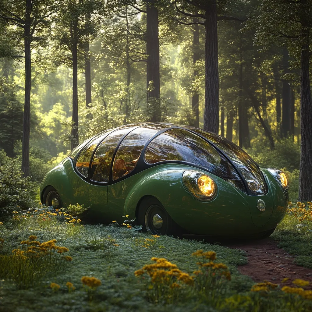 A vintage-styled, green bubble car sits nestled in a sun-dappled forest clearing.  The car's unique design features a rounded body, large glass canopy, and classic headlights.  Sunlight filters through the trees, casting a warm glow on the vehicle and surrounding wildflowers. The scene evokes a feeling of serenity and timeless elegance.