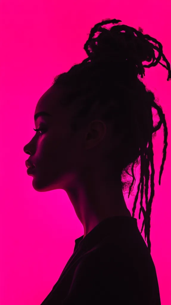 A silhouette of a woman with dreadlocks is shown in profile against a vibrant pink background.  Her hair is styled in a high bun. The silhouette is sharply defined, highlighting her facial features and the texture of her hair. The image is dramatic and visually striking due to the contrast between the dark silhouette and the bright pink backdrop.