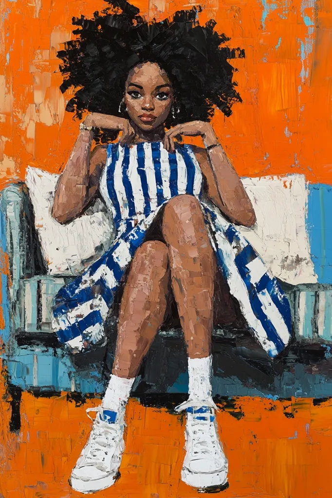 A vibrant oil painting depicts a young Black woman with a large afro, seated on a teal couch against a bright orange background. She wears a blue and white striped dress and white sneakers, her hands resting gently on her knees.  The impasto style creates a textured effect, emphasizing the woman's confident pose and the bold colors of the composition.