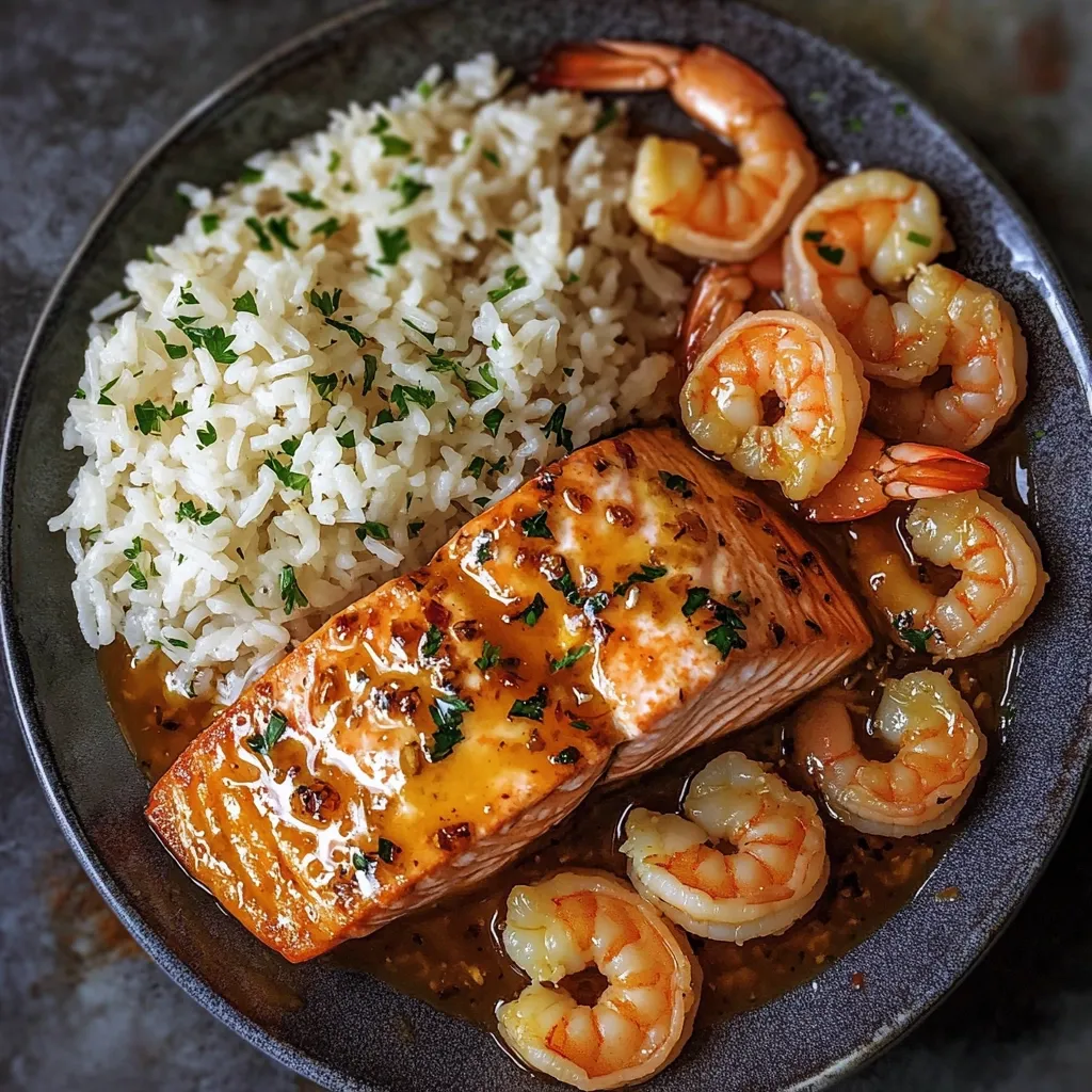 A delicious plate of pan-seared salmon in a savory sauce is served with fluffy white rice and succulent garlic butter shrimp.  The salmon is glistening, and the shrimp are perfectly cooked. Parsley garnish adds a touch of freshness to the beautifully presented meal. The dish is served on a dark gray plate, highlighting the vibrant colors of the food.
