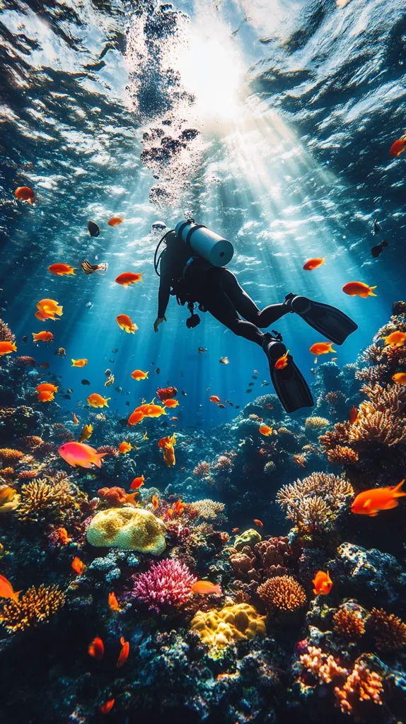 A scuba diver explores a vibrant coral reef, sunlight streaming from above.  Colorful fish, including many orange varieties, swim amongst the diverse coral formations.  Bubbles rise from the diver, creating a sense of movement and underwater tranquility. The scene is a vivid depiction of underwater life and the beauty of a healthy coral ecosystem.