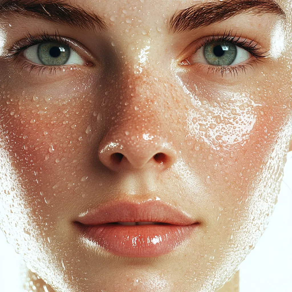 Close-up of a woman's face glistening with sweat.  Her skin is fair with freckles, and her eyes are a light green.  Water droplets are visible across her forehead, cheeks, and nose.  Her expression is serene, and her lips are full and slightly parted. The image emphasizes the dewy, healthy appearance of her skin.