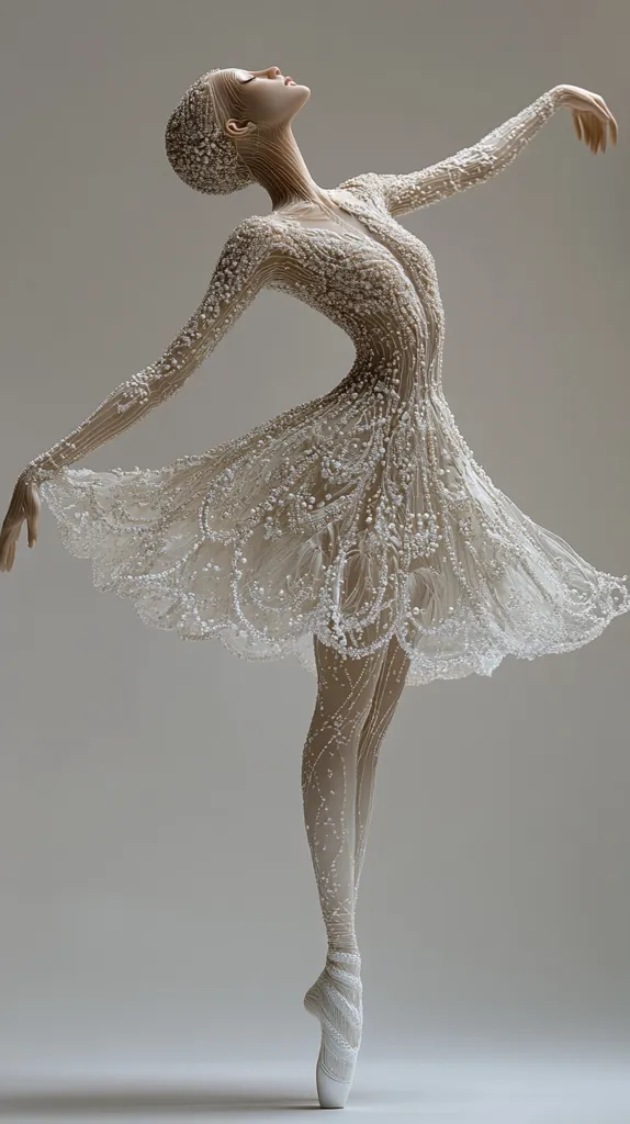 A ballerina, poised on pointe, is captured in a stunning image.  She wears an exquisitely detailed, beaded tulle dress, the intricate design cascading down to her delicately pointed toes. Her head is tilted back, her expression serene, creating a graceful and ethereal atmosphere. The neutral background emphasizes the beauty of the costume and the dancer's elegant posture.