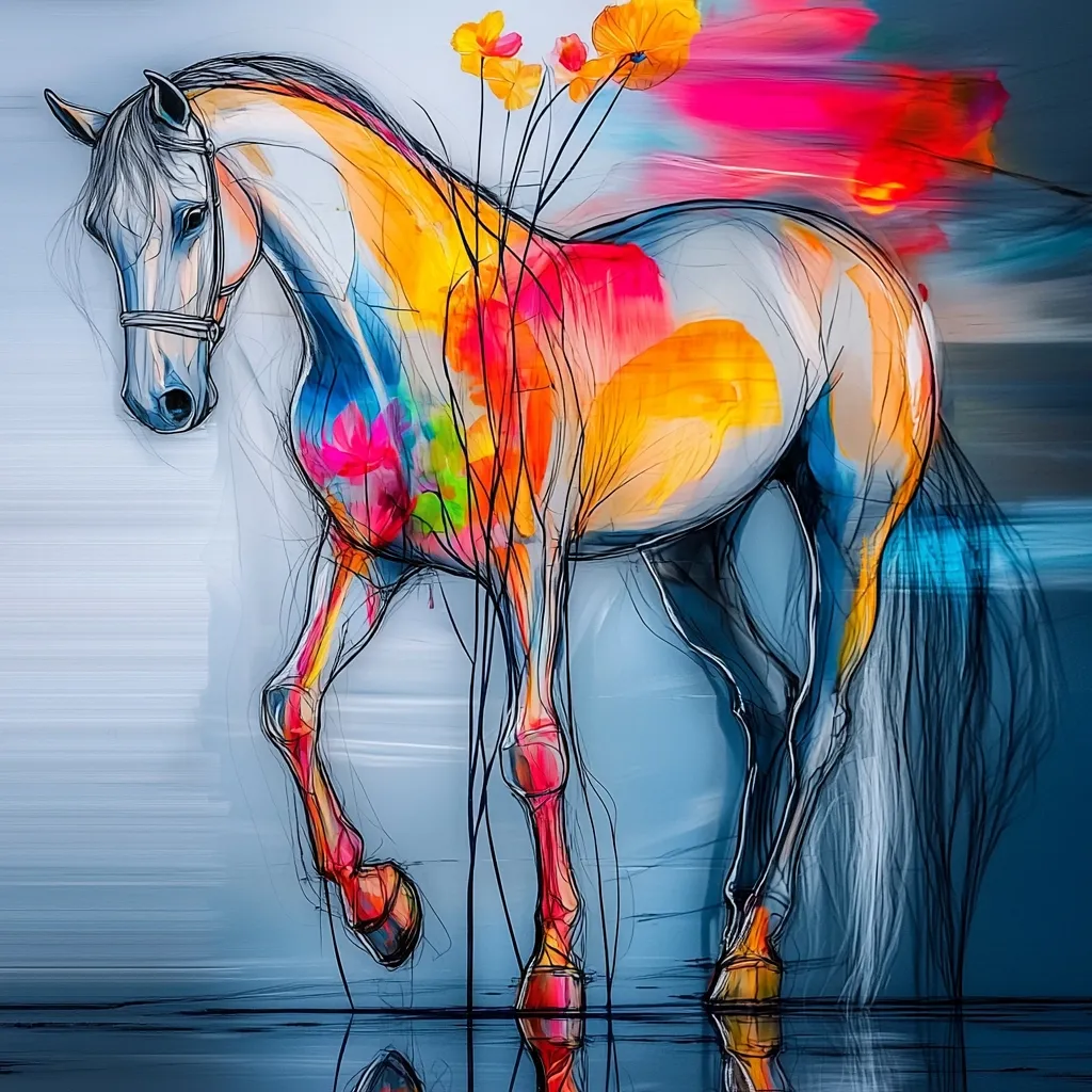 A vibrant abstract painting depicts a white horse standing amidst a splash of colorful brushstrokes.  The horse's form is outlined with dark lines, contrasting with the bright hues of orange, pink, and blue that fill its body.  Bright orange flowers add a touch of whimsy to the scene, which is set against a muted grey-blue background, mirroring the horse in a reflective pool below. The style is expressive and modern.