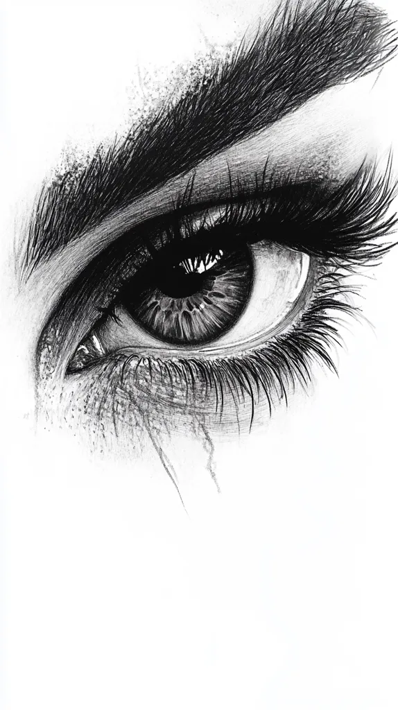 A detailed black and white pencil sketch of a woman's eye.  The drawing emphasizes the texture of the skin, the individual eyelashes, and the brow.  The eye itself is dark and expressive, conveying intensity and depth.  The style is realistic with a hint of drama, showcasing skillful shading and linework. The overall effect is striking and captivating.