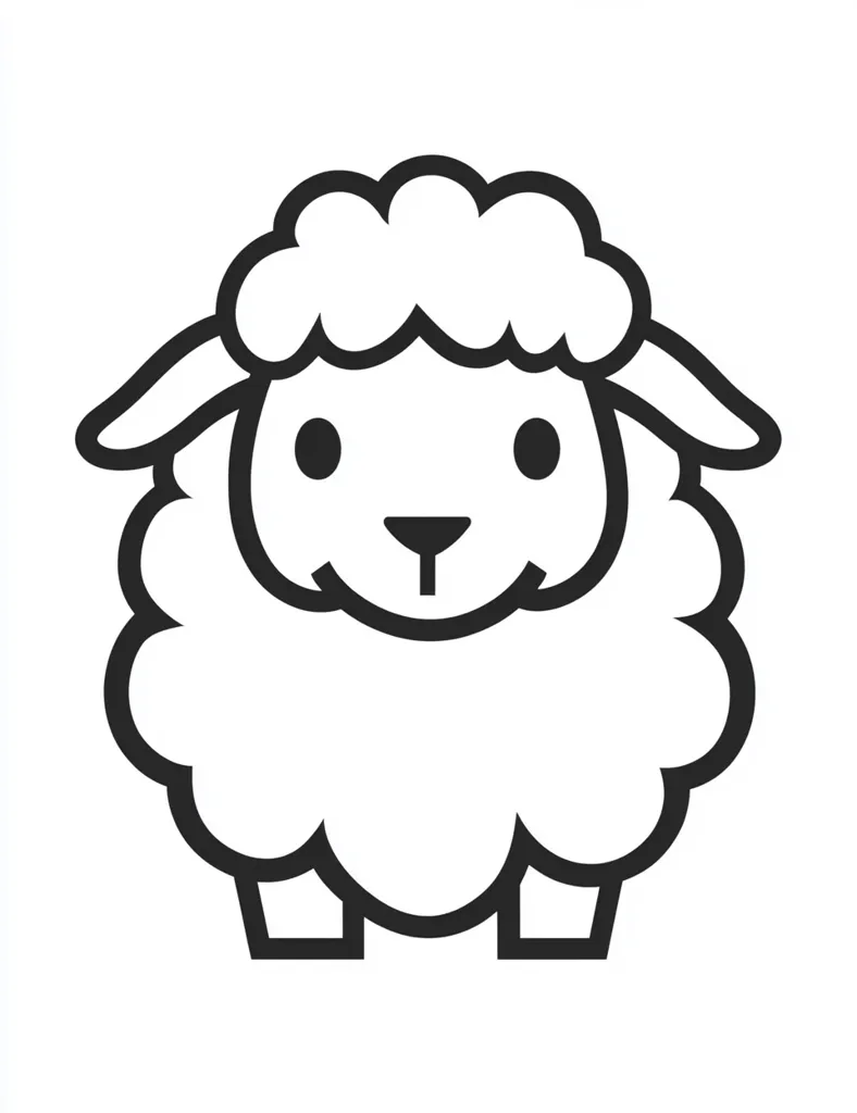 A simple line drawing of a cartoon sheep.  The sheep is depicted frontally, with a fluffy body, small ears, and large, innocent eyes.  The style is minimalist and childlike, suitable for use in children's books or illustrations.  The outline is bold and black against a white background.
